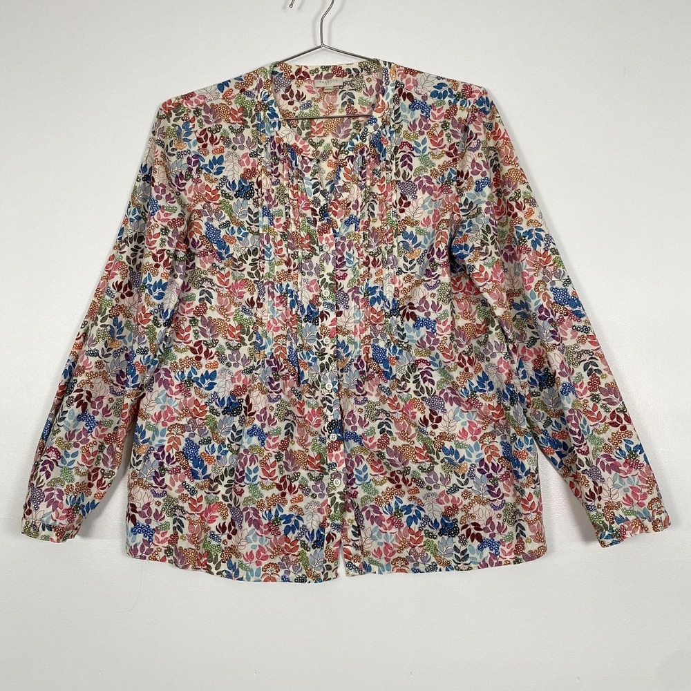 Talbots Blouse Womens Medium Multicolor Floral Long Sleeve V Neck Pleated Cotton